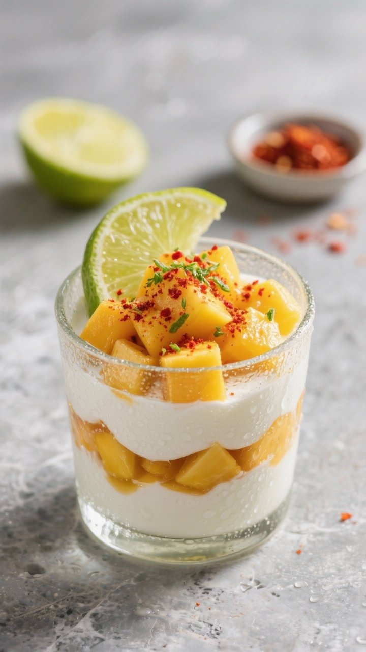 Close-up parfait in a clear glass: layers of plain Greek yogurt and vibrant diced mango, a squeeze of fresh lime juice and sprinkle of lime zest on top, dusted with chili powder or Tajín for a red-speckled contrast, finished with a thin drizzle of honey; condensation on the glass for freshness; placed on a cool stone surface with a halved lime and a pinch bowl of chili spice in view.