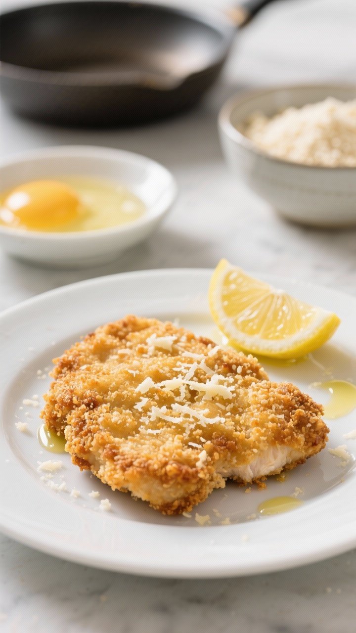 Close-up plated cutlet: ultra-crispy Parmesan-breadcrumb crusted chicken cutlet, golden and craggy, flecks of grated Parmesan visible in the crust; served on a white plate with a lemon wedge and a light drizzle of olive oil sheen; a shallow dish of beaten eggs, a bowl of panko-Parmesan mix, and frying skillet slightly blurred in background; bright, crunchy, takeout-beating energy.