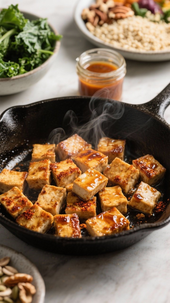 Close-up process shot of Smoky Tempeh Superfood Salad components: golden-browned tempeh cubes glazed with soy/tamari, smoked paprika, and a kiss of maple syrup sizzling in a skillet; in the background, bowls of chopped kale, fluffy cooked quinoa, and crunchy add-ins (nuts/seeds) ready to assemble; a small jar of maple-miso dressing with visible viscosity; steam rising, rich amber tones on tempeh, shallow depth of field to highlight caramelization.