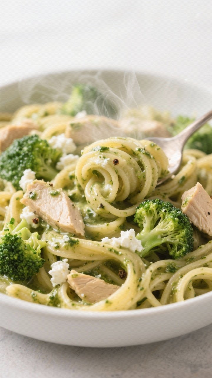 Close-up, shallow depth of field of Creamy Pesto Cottage Cheese Pasta: whole wheat pasta swirled in a silky cottage cheese–basil pesto sauce with a hint of lemon juice and loosened with pasta water, tossed with bright green small broccoli florets and juicy bites of cooked chicken; steam rising, glossy sauce clinging to noodles, flecks of pepper and basil visible; served in a matte white bowl with a spoon twirl; warm, inviting tones, clean backdrop, studio-quality lighting highlighting creamy texture.