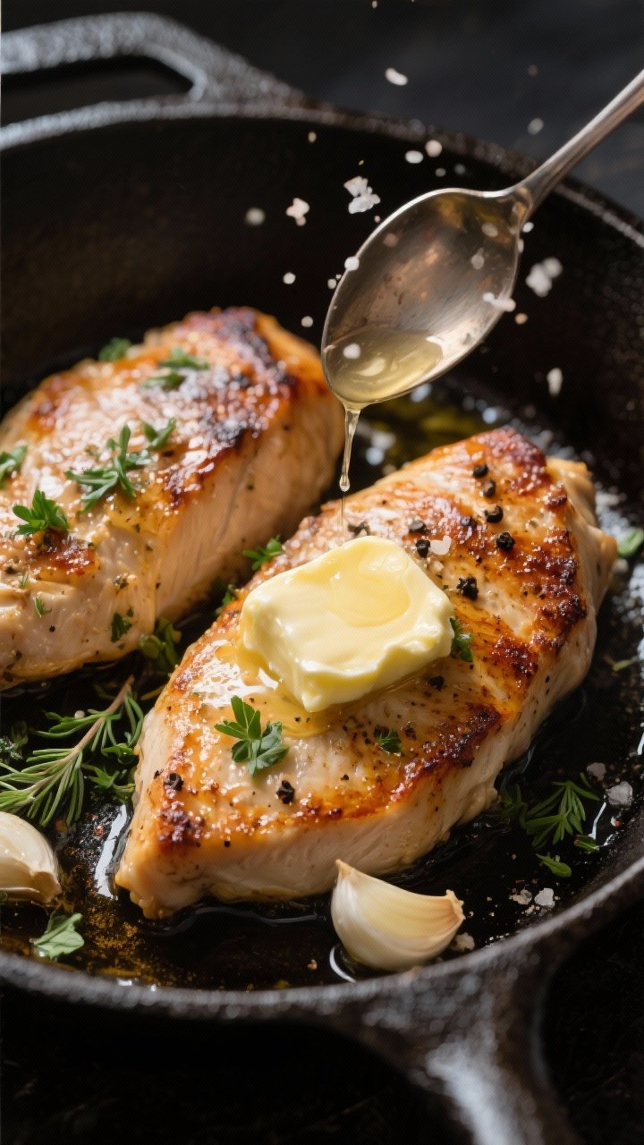 Close-up skillet shot: garlic-herb butter chicken breasts, evenly seared in olive oil to a deep golden brown, finished with bubbling pools of butter infused with garlic powder and fresh herbs (parsley, thyme); spoon basting motion captured mid-drip, coarse salt and cracked black pepper visible; steakhouse mood on a dark cast-iron pan with a pat of melting butter.