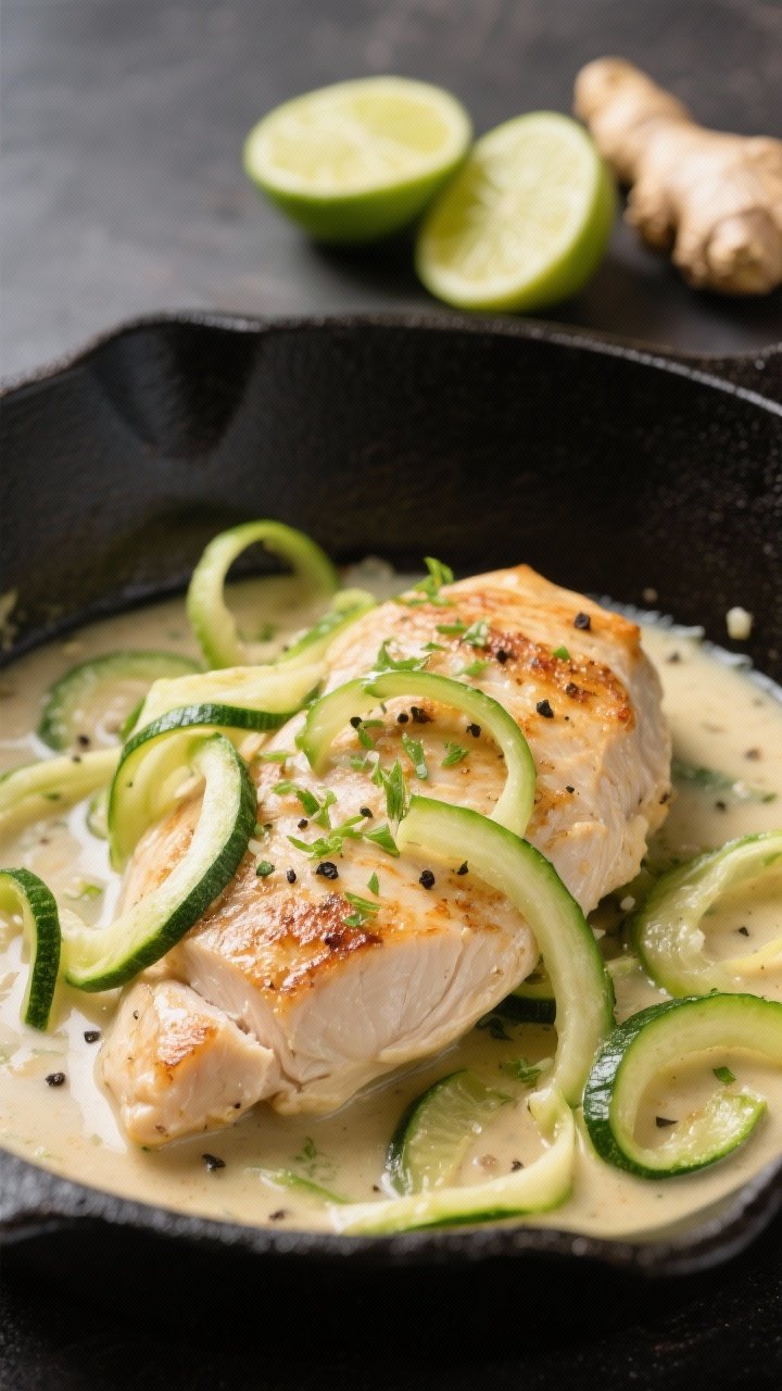 Close-up skillet shot of Coconut-Lime Chicken With Zucchini Ribbons: seared chicken breasts (pounded to 1/2-inch) in a shallow pool of coconut-lime sauce, scented with grated fresh ginger, ground coriander, sea salt, and black pepper; silky zucchini ribbons twirled around the chicken; lime zest sprinkled on top; presented in a matte black skillet with soft highlights, fresh lime halves and a nub of ginger in the background.