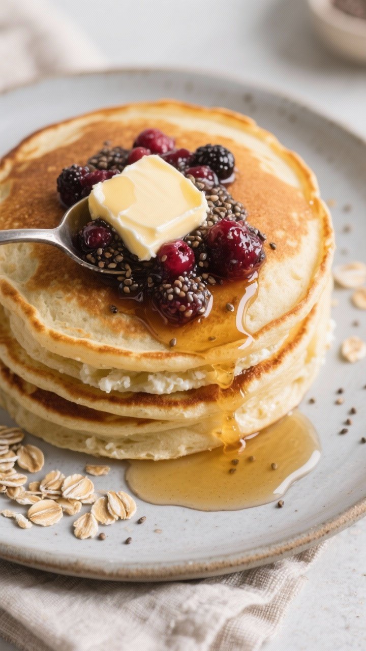 Close-up stack of Cottage Cheese Protein Pancakes with Berry Chia Compote: golden, fluffy pancakes made from cottage cheese, eggs, vanilla, maple syrup, rolled oats, and baking powder, edges crisp; generous spoonful of glossy berry chia compote cascading down the stack; a pat of melting butter glistening on top; drizzle trails of maple syrup pooling on the plate; served on a matte ceramic plate with a linen napkin, oats and chia seeds sprinkled subtly around for context.