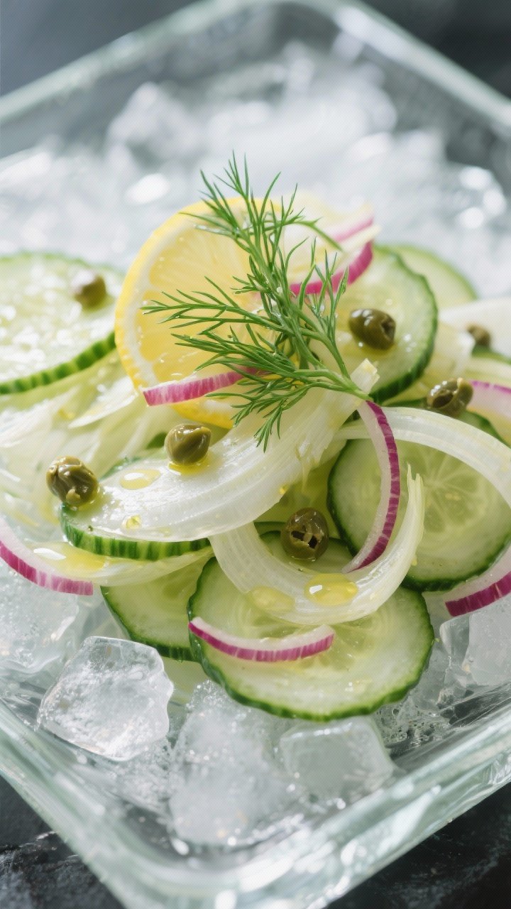 Close-up, straight-on shot of a Zesty Cucumber, Fennel, and Dill Detox Salad: paper-thin rounds of cucumber and fennel layered translucently, wisps of red onion, briny capers dotted throughout, generous fresh dill fronds on top, glistening with lemony dressing; served on a chilled clear glass plate over crushed ice in a shallow tray for a crisp mood, cool color palette, high clarity to emphasize refreshing, watery textures.