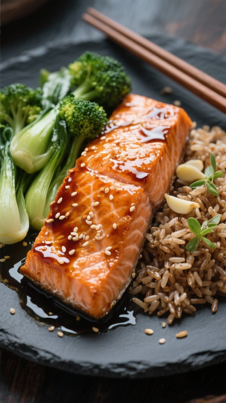 Close-up, straight-on shot of Teriyaki Ginger Salmon: glossy, lacquered fillets brushed with a homemade teriyaki (low-sodium soy or tamari, honey or maple, rice vinegar, grated fresh ginger, minced garlic), nestled next to steamed greens (bok choy and broccoli) and sesame-studded brown rice, micro steam rising, sesame seeds and a light sheen of sauce on rice, dark slate plate with chopsticks, rich, warm highlights on the glaze.