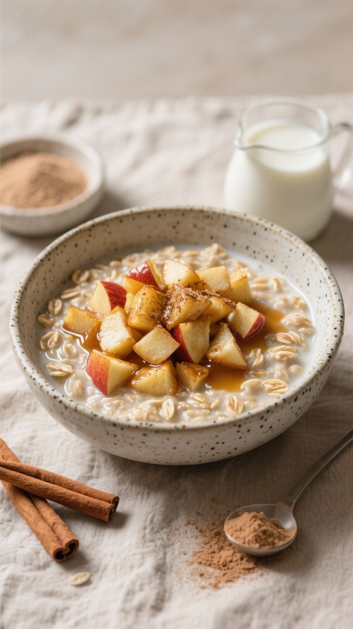 Cozy overhead bowl of Cinnamon Vanilla Protein Oats with Caramelized Apples: creamy rolled oats simmered in unsweetened almond milk with a pinch of salt and vanilla protein powder, topped with golden caramelized diced apple sautéed in coconut oil/butter with cinnamon; finishing sprinkle of extra cinnamon and a drizzle of glossy pan juices. Served in a speckled stoneware bowl on a neutral linen, with a cinnamon stick, a scoop of protein powder in a tiny dish, and a small pitcher of milk nearby. Soft, diffused light, inviting warmth, textural contrast between silky oats and tender apples.