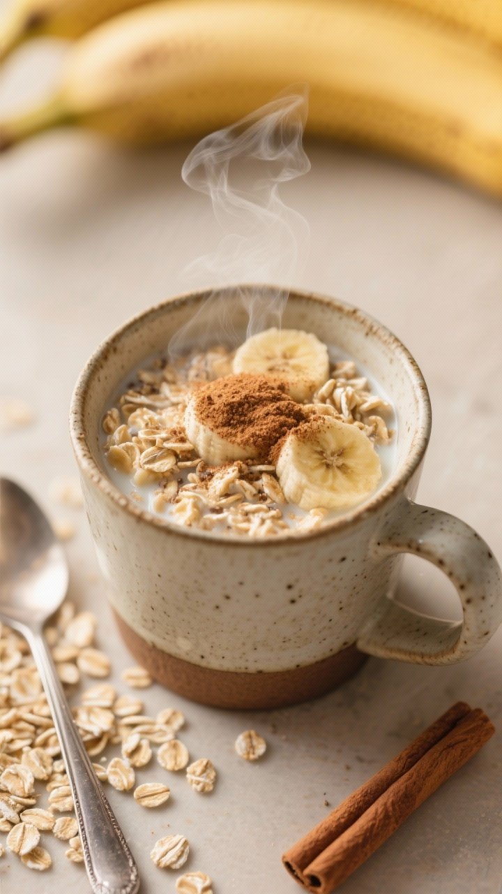 Cozy overhead mug shot of warm cinnamon banana oat cups: a ceramic mug filled with mashed banana, rolled oats, unsweetened milk, ground flax/chia, cinnamon, and a hint of vanilla, cooked and puffed with a cinnamon-dusted top; steam subtly rising, a spoon resting alongside, scattered rolled oats and a cinnamon stick nearby, warm neutral tones and soft morning light for comfort.