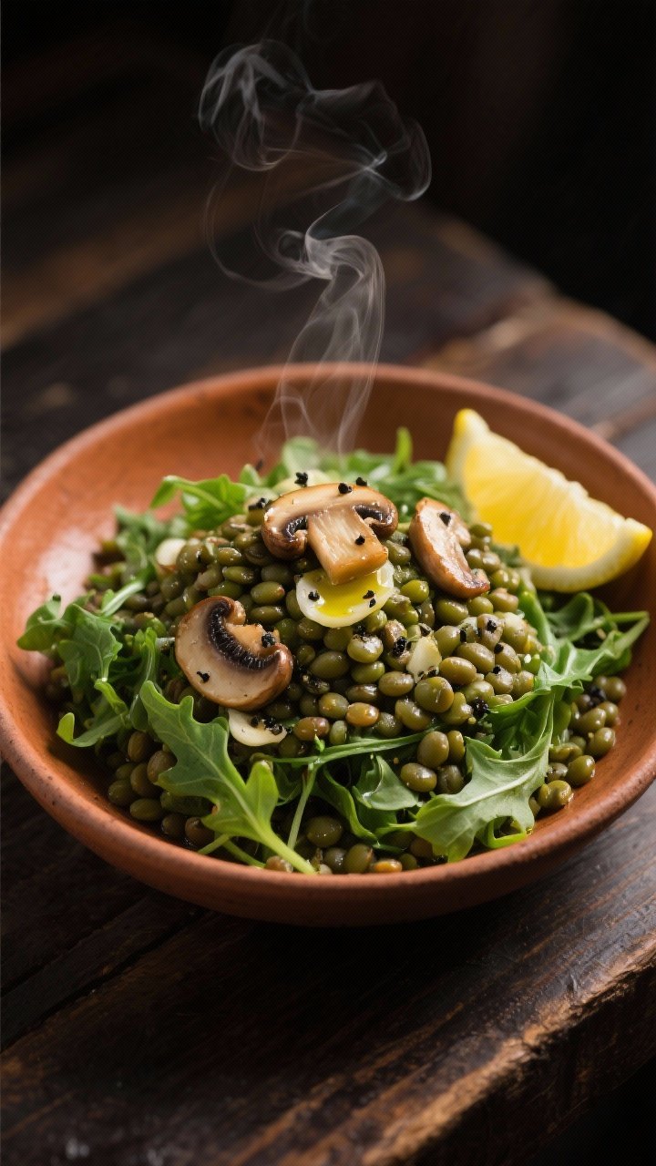 Cozy plated scene, straight-on shot of a Warm Lentil and Greens Detox Salad: a bed of baby arugula gently wilted beneath a mound of warm French green lentils, topped with lemon-garlic sautéed cremini mushrooms, steam subtly rising; a sheen of olive oil, cracked black pepper and lemon wedges on the side; served in a warm-toned ceramic bowl on a dark wood table, moody directional light emphasizing earthy browns and deep greens, comforting yet clean detox vibe.
