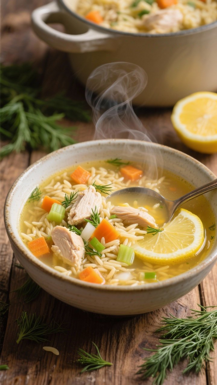 Cozy, straight-on shot of bright lemon-orzo soup: golden chicken broth with tender chicken pieces, whole-wheat orzo, diced carrots and celery, chopped onion, and fresh dill. Lemon slices and a squeeze of juice brighten the surface; steam rises from a ceramic soup bowl. A ladle rests in the pot behind, scattered dill fronds and lemon on a wooden table.