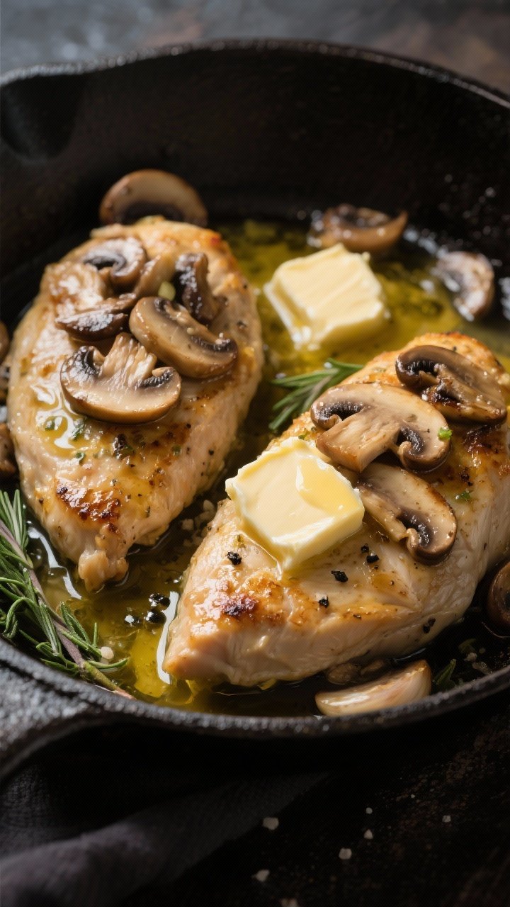 Dramatic close-up of Garlic Butter Mushroom Chicken: juicy chicken cutlets topped with sautéed cremini mushrooms bathed in a rich garlic butter sauce, butter pooling slightly with a golden gloss. Two pats of unsalted butter melting in the pan, olive oil undertone, kosher salt and black pepper visible. Garnish with thyme or parsley for steakhouse energy. Shot in a dark cast-iron skillet with moody, directional lighting to emphasize umami and sheen.