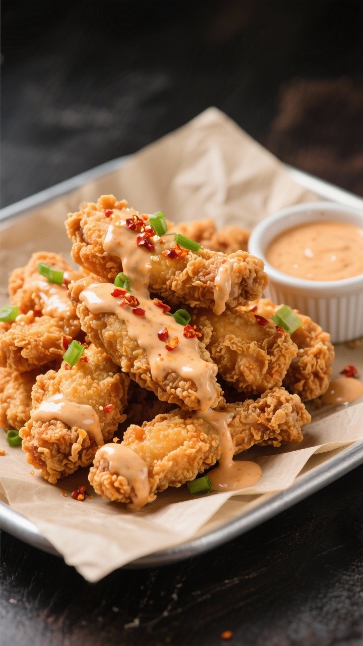 Dynamic 45-degree shot of Bang Bang chicken: crispy fried chicken tenders (buttermilk marinated, cornstarch and flour coating) piled on a parchment-lined plate, generously drizzled with creamy spicy-sweet Bang Bang sauce; extra sauce in a ramekin, chili flakes and scallions sprinkled on top; oil sheen hints at fresh fry, vibrant and playful presentation.