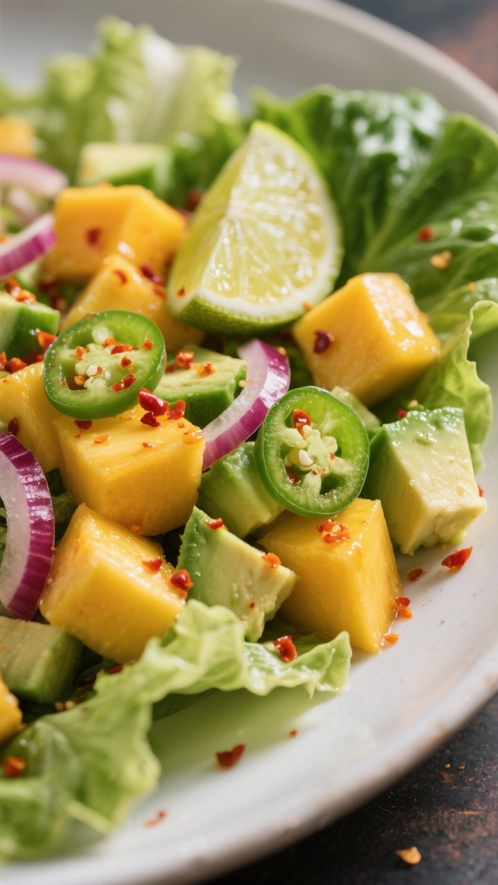 Dynamic close-up, 45-degree angle of a Spicy Mango-Avocado Detox Salad: butter lettuce leaves cradling juicy diced mango, creamy avocado cubes, chopped cucumber, thin rings of red onion, and thinly sliced jalapeño; lime-chili crunch sprinkled over with a squeeze of fresh lime, a few chili flakes visible; vibrant, spicy-sweet mood, shallow depth of field focusing on glistening mango and avocado textures, warm side lighting.