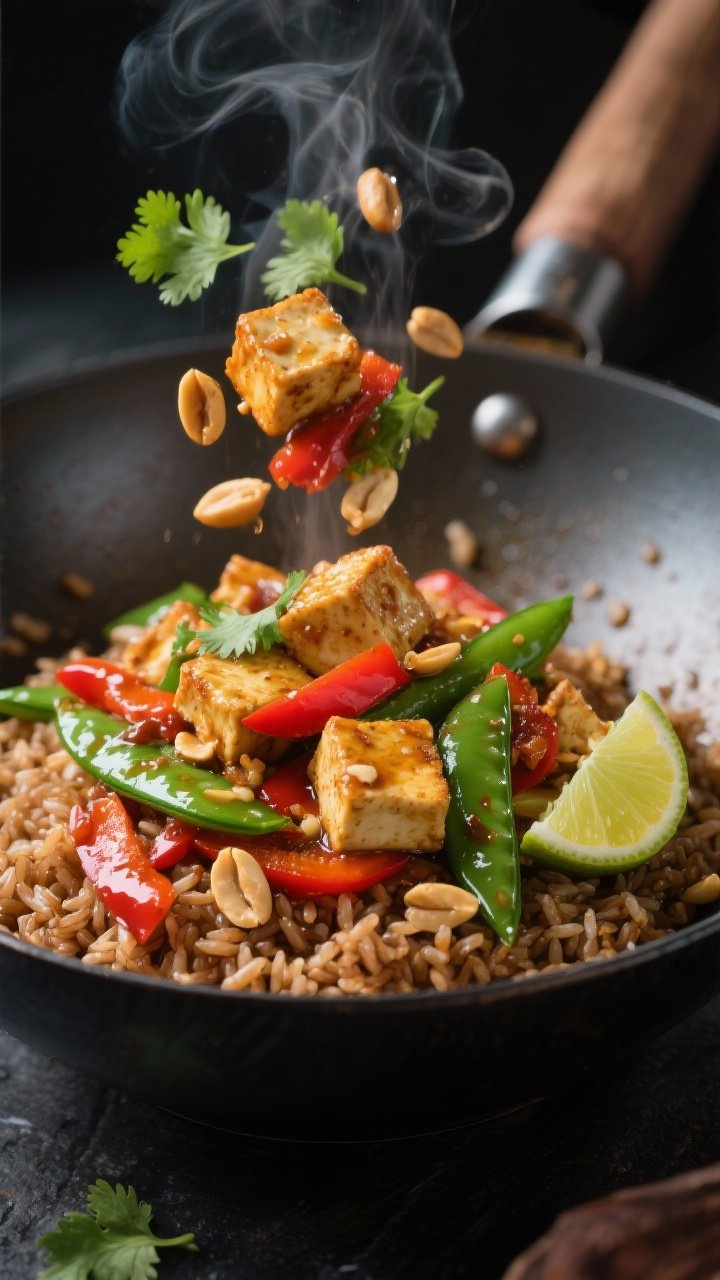 Dynamic wok-side close-up of a Spicy Tofu And Brown Rice Stir-Fry with Peanut-Lime sauce: golden-crisp tofu cubes (pressed, tossed in cornstarch, soy sauce) sizzling in neutral oil, tossed with sliced red bell pepper and vibrant sugar snap peas/green beans; glossy peanut-lime sauce clinging to the vegetables. Serve over a mound of warm brown rice in a dark ceramic bowl; lime wedge, chopped peanuts, and a few cilantro leaves scattered. High-contrast lighting, visible steam, shallow depth of field to emphasize sauce sheen and tofu crust.