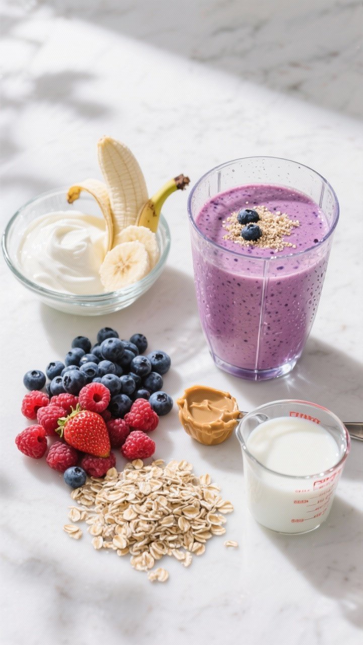 Ingredient-focused overhead of a Berry Banana Greek Yogurt Blender Shake mise en place: plain Greek yogurt in a glass bowl, a peeled ripe banana (half frozen slices), a frosty pile of mixed berries (blueberries, raspberries, strawberries), rolled oats, a spoonful of peanut butter, and a measuring cup of milk/water; all arranged around a clear blender jar. Second frame element: finished thick smoothie in a chilled glass with condensation, berry flecks visible, oat dusting on top. Bright, fresh morning light, cool tones with pops of magenta and purple.