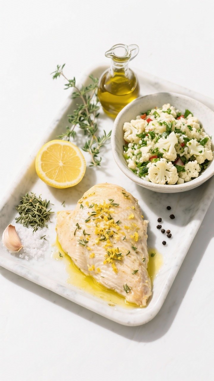 Ingredient-forward 45-degree prep shot for Greek Lemon-Oregano Chicken With Cauliflower Tabbouleh: marinated chicken breasts with lemon zest and juice, olive oil, minced garlic, dried oregano, sea salt, and black pepper on a tray; alongside a bowl of cauliflower tabbouleh made from riced cauliflower with herbs and lemon; lemon halves, oregano sprigs, and a small pourer of olive oil in frame, bright Mediterranean mood, clean white background.
