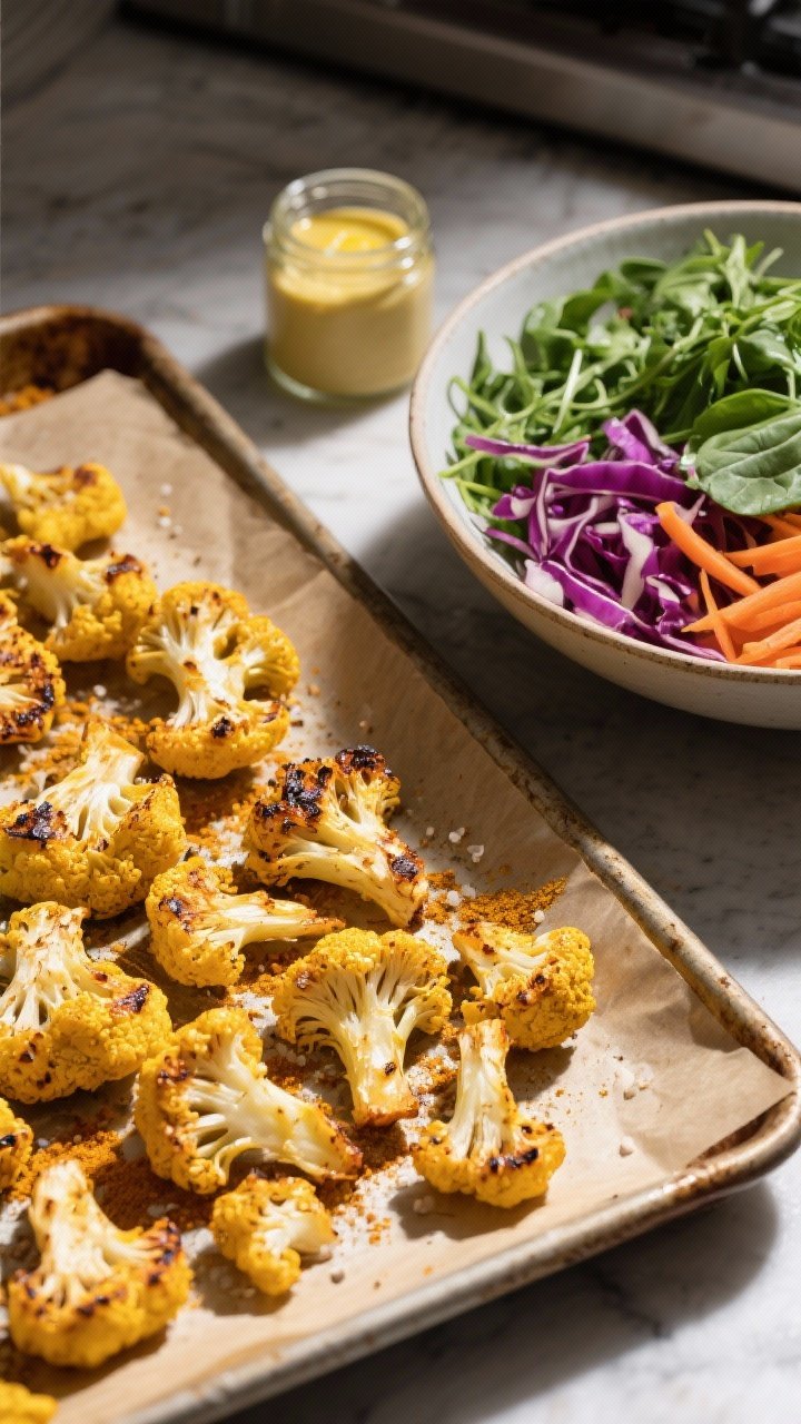 Ingredient prep and final combo, overhead flat lay: turmeric-roasted cauliflower florets on a parchment-lined sheet pan, golden with edges charred, dusted with ground turmeric, cumin, sea salt and pepper; beside it, a large bowl of mixed greens (arugula and spinach), thin ribbons of red cabbage, shredded carrot, and a small jar of lemony tahini dressing ready to pour; warm, earthy tones with pops of purple and orange, modern kitchen vibe, directional light highlighting the roasted textures.