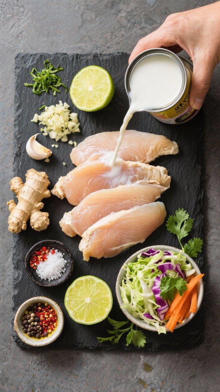 Ingredient prep flat lay for Thai-inspired coconut lime chicken: overhead on a dark slate—thin chicken cutlets, a can/pour of creamy coconut milk, fresh limes (zest and wedges), minced garlic, grated fresh ginger, red pepper flakes, sea salt, black pepper, and coconut oil; a small bowl of crunchy cabbage slaw components (shredded green and purple cabbage, carrots, cilantro) with lime wedges ready for dressing; bright, tropical color palette.