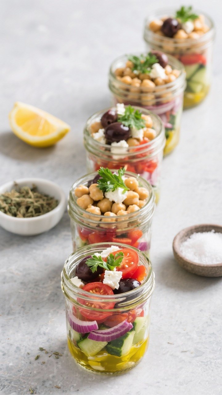 Ingredient-prep overhead flat lay: Greek chickpea salad jars being assembled. Layers in a row of wide-mouth glass mason jars: lemony olive oil vinaigrette at the bottom, then sliced red onion, diced English cucumber, diced red bell pepper, halved cherry tomatoes, Kalamata olives, crumbled feta, and rinsed chickpeas on top. Fresh parsley sprinkled nearby, lemon half, small bowl of dried oregano, pinch bowl of sea salt. Crisp colors on a light slate surface, neat mise en place, no hands.