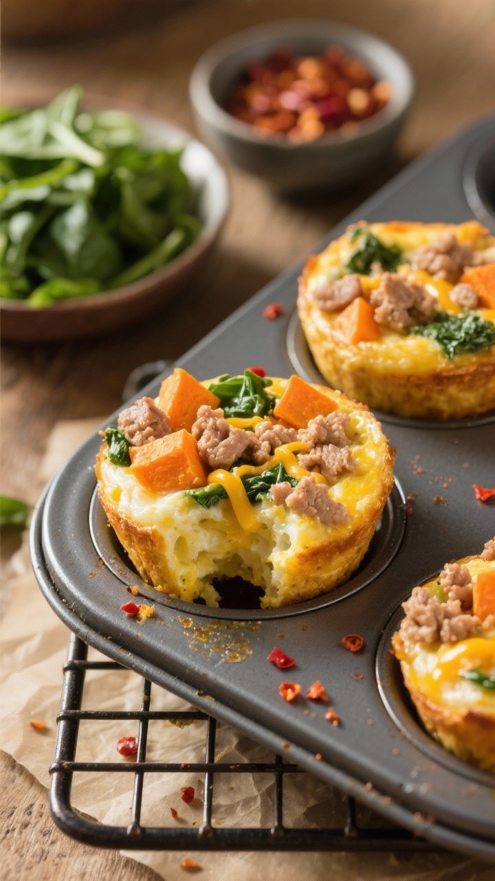 Muffin-tin close-up at 45 degrees of Spicy Turkey Egg Bites With Sweet Potato And Greens fresh out of the oven: golden, puffed egg bites studded with crumbled lean ground turkey, tiny orange cubes of cooked sweet potato, flecks of chopped baby spinach, and melted cheddar strands; one bite cut open to reveal moist interior; a few red chili flakes sprinkled on top to hint at spice; placed on a cooling rack over parchment with a small bowl of chili flakes and a pile of chopped spinach nearby, warm directional light for appetizing highlights.