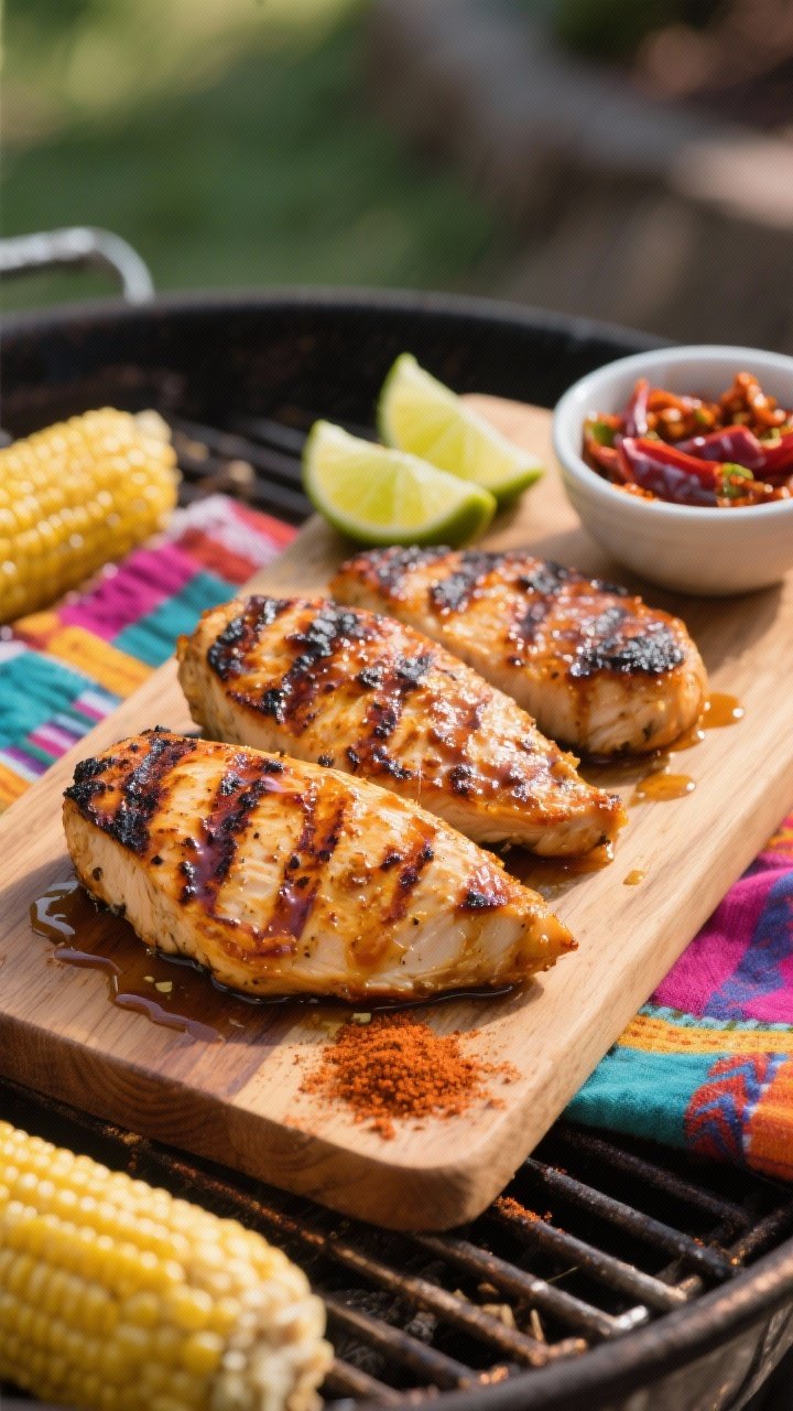 Outdoor grill, three-quarter angle: grilled Southwest chipotle chicken breasts with pronounced char marks, brushed in a marinade of olive oil, lime juice, honey, chili powder, and chipotle; smoky edges and caramelized glaze, served on a wooden board with lime wedges, a small bowl of minced chipotle in adobo, and a dusting of cumin; Tex-Mex vibe with colorful napkin and corn on the cob background blur.