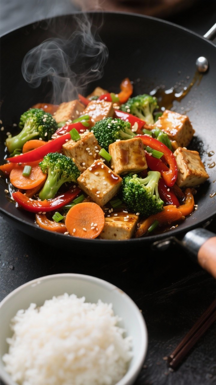 Overhead action shot of a Teriyaki Tofu and Veggie Stir-Fry in a black wok: extra-firm tofu cubes lightly crisped from a cornstarch toss, glossy with teriyaki; bright green broccoli florets, red bell pepper strips, and thin carrot coins glistening; steam rising over a side bowl of steamy white rice. Drips of sauce on the wok edge, sesame seeds and scallions sprinkled, neutral oil sheen, high-contrast lighting for punchy colors, no hands visible.
