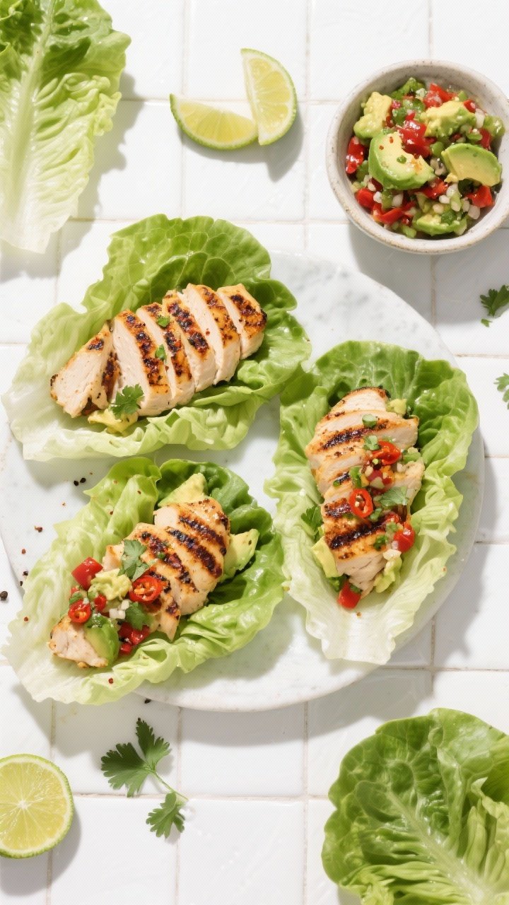 Overhead assembly shot of Chili-Lime Grilled Chicken Lettuce Wraps With Avocado Salsa: char-marked chili-lime chicken (lime zest and juice, chili powder, cumin, smoked paprika, olive oil, sea salt, black pepper) sliced thin; crisp lettuce leaves ready for wrapping; a chunky avocado salsa in a bowl; lime wedges and a sprinkle of cilantro; bright, fresh styling on a white tile background, vibrant greens and smoky reds popping.