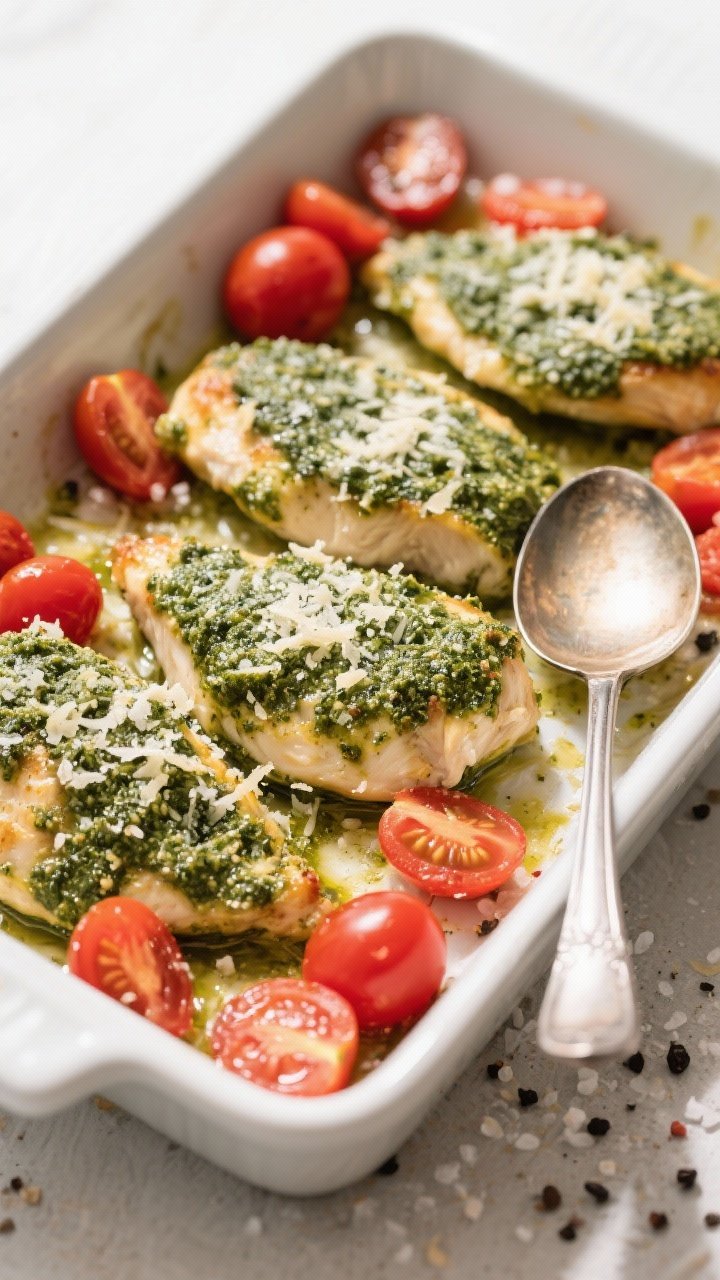 Overhead baking dish: oven-baked Parmesan pesto chicken breasts coated in basil pesto and grated Parmesan, edges lightly browned; burst cherry/grape tomatoes scattered around, some split and juicy; coarse salt and black pepper specks visible; served family-style with a spoon, bright daylight to pop the greens and reds, minimal rustic styling.