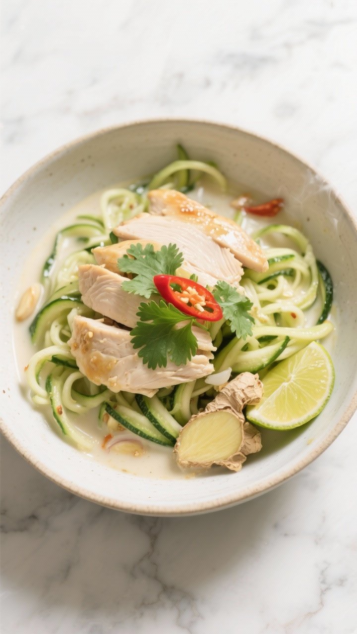 Overhead bowl of Thai-inspired Coconut-Lemongrass Chicken with zucchini noodles: thinly sliced chicken breasts simmered in coconut milk with coconut oil, minced shallot and garlic, fresh ginger, and lemongrass paste; ladled over spiralized zucchini noodles; garnished with fresh cilantro, lime wedge, and thin red chili slices; silky coconut sheen and aromatic steam; bright, tropical color palette on a light marble background.