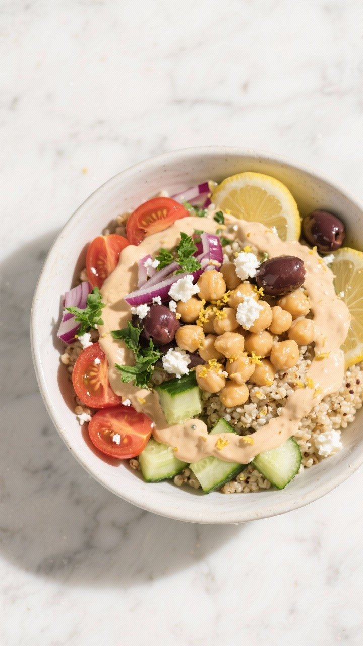 Overhead bowl shot of a Mediterranean Chickpea Power Bowl with Lemony Tahini: fluffy quinoa base, mounds of chickpeas, diced English cucumber, halved cherry tomatoes, finely chopped red onion, and chopped fresh parsley; generous drizzle of pale lemony tahini sauce with lemon zest; a few Kalamata olives and feta crumbles for Mediterranean flair; bright, sunlit styling on a light marble surface.