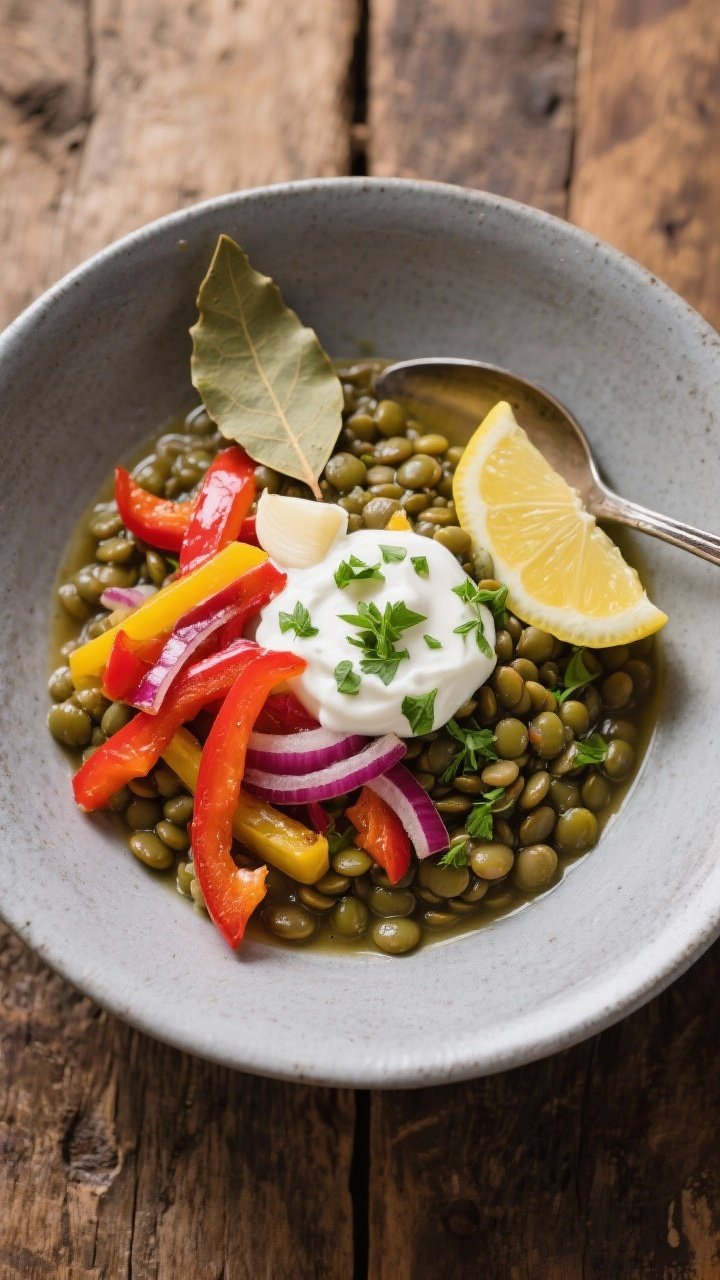 Overhead bowl shot of Mediterranean Lentil Power Bowls: tender French green lentils simmered in vegetable broth with a bay leaf, topped with sautéed red and yellow bell pepper strips and red onion, a dollop of garlicky yogurt sauce, a sprinkle of chopped parsley, and a squeeze of lemon. Served in a wide gray ceramic bowl with a spoon; rustic wood surface, earthy tones and creamy yogurt contrast.