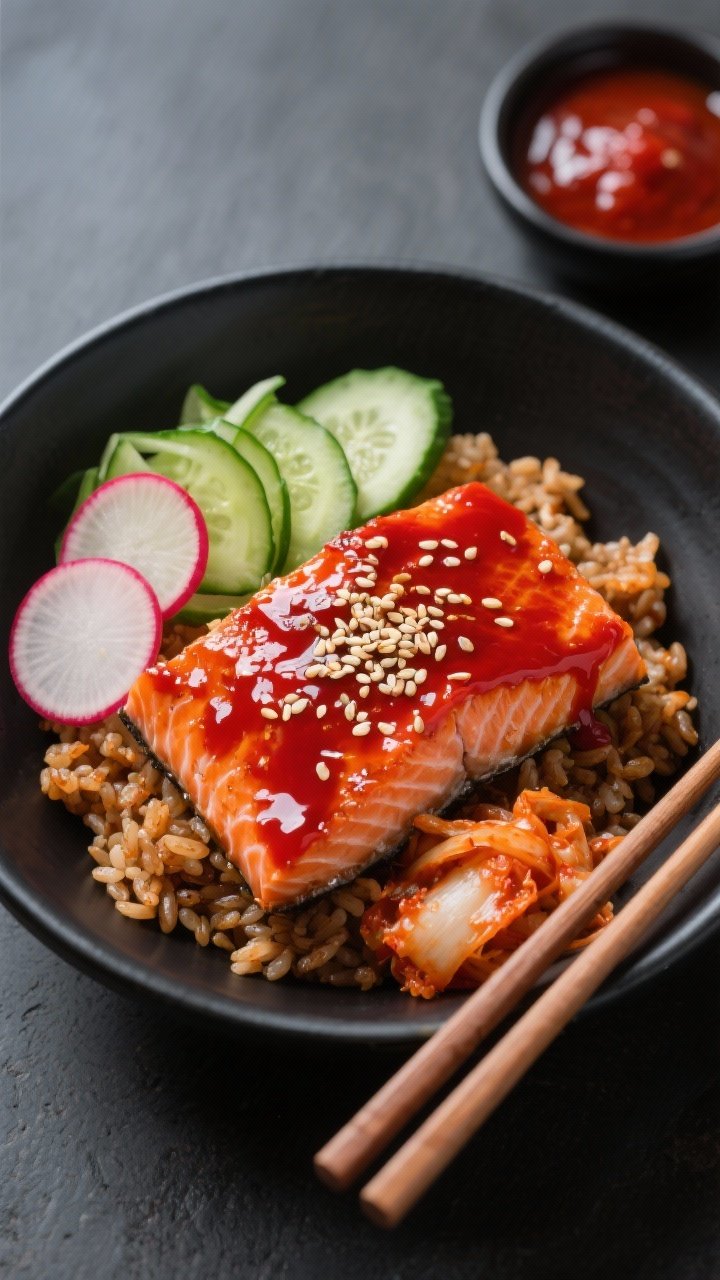 Overhead bowl shot of Spicy Gochujang Salmon: deep red gochujang-glazed fillets (gochujang, honey, low-sodium soy or tamari, rice vinegar, grated ginger, toasted sesame oil) set over kimchi brown rice, topped with quick pickles (thin cucumber and radish rounds), sprinkled with toasted sesame seeds; small dish of extra gochujang to the side, chopsticks resting on rim, bold contrast of crimson glaze, green cucumbers, and orange kimchi on a matte black bowl.