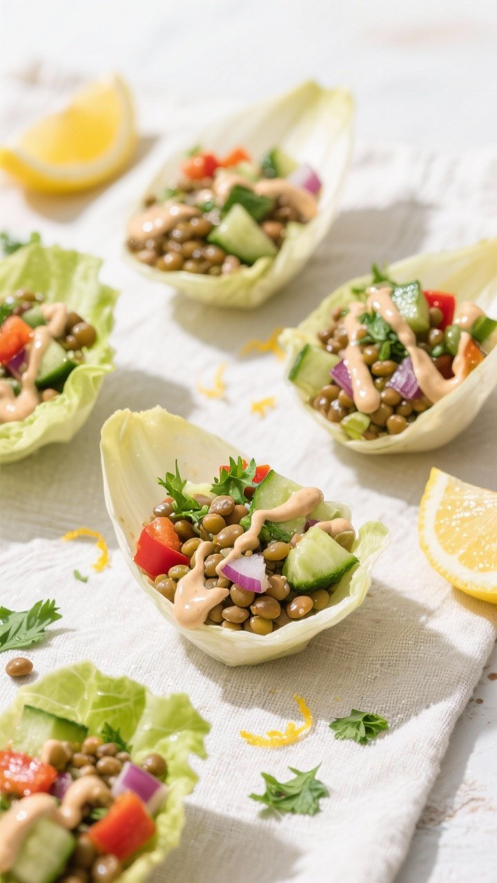 Overhead bright flat lay of crunchy lentil salad cups: crisp lettuce leaves or small endive cups filled with cooked green/brown lentils, diced cucumber, diced bell pepper, finely chopped red onion, and chopped parsley; drizzled with a glossy lemon-tahini dressing in thin lines; scattered lemon zest and extra parsley on a light linen, vibrant and fresh, high clarity.