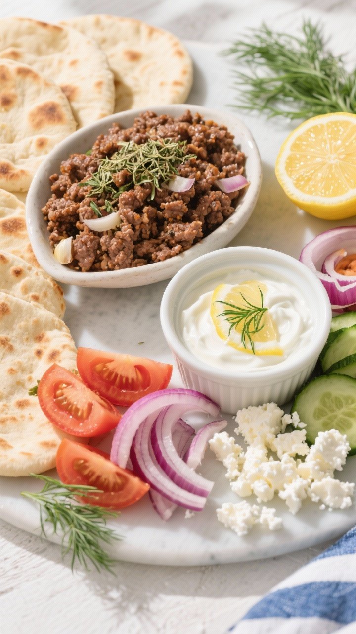 Overhead build-your-own scene for Greek-style beef pitas: warm pita rounds, a bowl of juicy ground beef seasoned with cumin, dried oregano, ground coriander, garlic, and onion, plus a tangy lemon yogurt sauce in a ramekin with zest curls on top. Accompaniments include sliced tomatoes, red onion, cucumber, and crumbled feta. Fresh dill sprigs and a lemon cut in half complete the Mediterranean palette. Bright, natural daylight to keep it fresh and zesty.