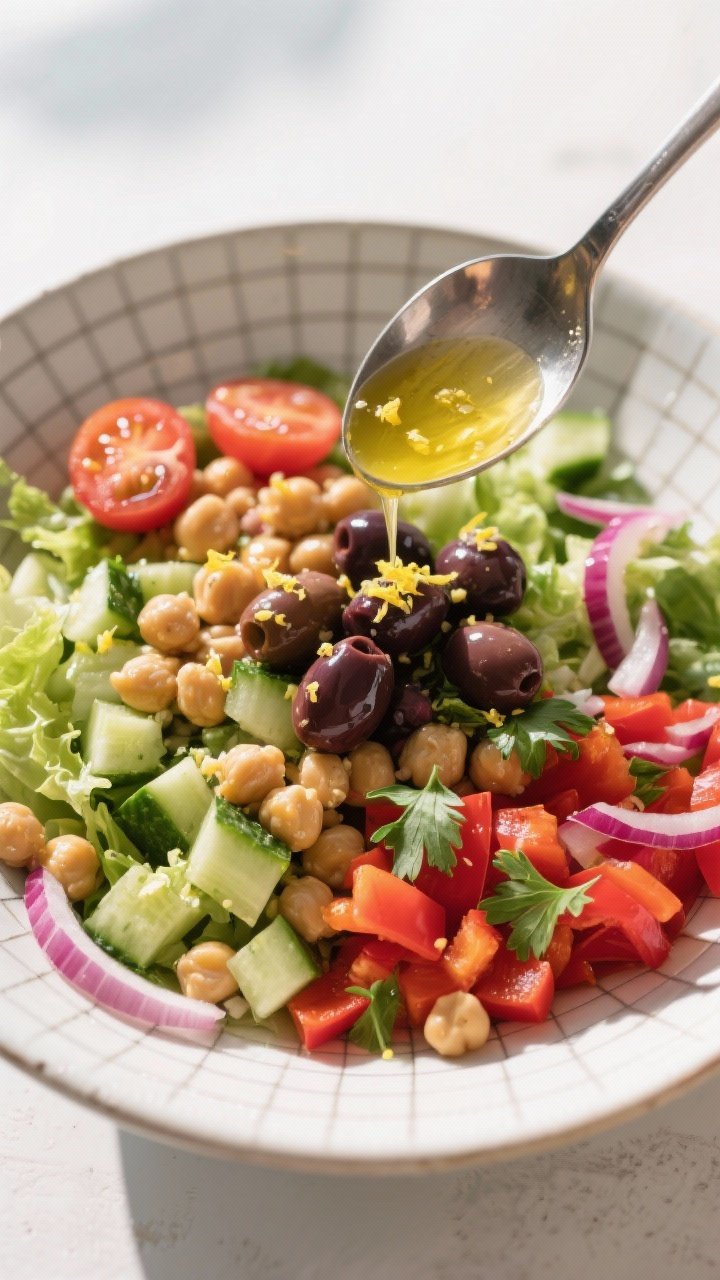 Overhead chopped Mediterranean detox bowl: a composed chop with chickpeas, chopped romaine, diced cucumber, halved cherry tomatoes, chopped red bell pepper, thin slices of red onion, parsley, and a small mound of Kalamata olives; a spoon drizzling olive-lemon dressing over the top, lemon zest flecks visible; clean grid-like arrangement in a wide shallow bowl, bright daylight, Mediterranean palette with crisp edges and glossy highlights.