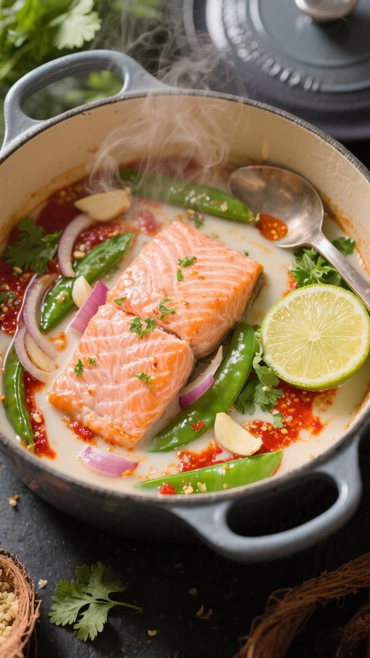 Overhead Dutch-oven process shot: coconut-curry poached salmon in a light coconut milk broth tinted red from red curry paste, studded with snap peas, thinly sliced onion, minced garlic, and grated fresh ginger; a gentle simmer with tender pink salmon portions just set; fresh lime wedges and cilantro on the side, spoon resting in the pot; vibrant, aromatic steam captured, bright tropical palette.