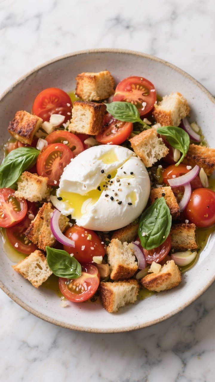 Overhead flat lay of a Burrata Caprese Panzanella with Garlicky Croutons: torn rustic baguette pieces toasted in olive oil with grated garlic and kosher salt; a mosaic of ripe tomatoes (varied shapes, richly colored), thinly sliced shallot, fresh basil leaves; torn burrata with creamy center oozing; coarse black pepper and a glisten of olive oil; served in a wide shallow bowl on a cool marble background.