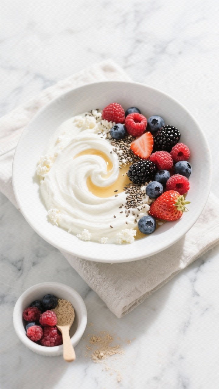 Overhead flat lay of a creamy berry protein yogurt bowl styled to look like dessert: a white ceramic bowl filled with swirled plain Greek yogurt and cottage cheese blended smooth, mixed with vanilla protein powder for a velvety texture; topped with a generous half cup of mixed berries (raspberries, blueberries, blackberries, strawberries), a light drizzle of honey, and a sprinkle of chia seeds for contrast. Place a small ramekin with extra mixed berries and a scoop of vanilla protein powder nearby, on a cool marble surface with a soft linen napkin. Bright, natural morning light, high contrast, clean minimal styling, no people.