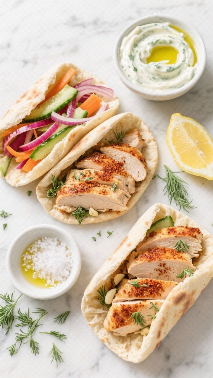 Overhead flat lay of a Mediterranean chicken pita assembly on a light marble surface: thinly sliced seared chicken breasts seasoned with smoked paprika, dried oregano, garlic powder, and kosher salt piled into warm pita halves; a bowl of creamy tzatziki swirled with olive oil; quick-pickled veg ribbons (cucumber, red onion, carrot) glistening; lemon wedges, fresh dill, and extra oregano sprinkled; small dish of flaky salt and a drizzle of olive oil for shine. Clean, bright daylight, crisp textures, no people, appetizing street-food vibe.