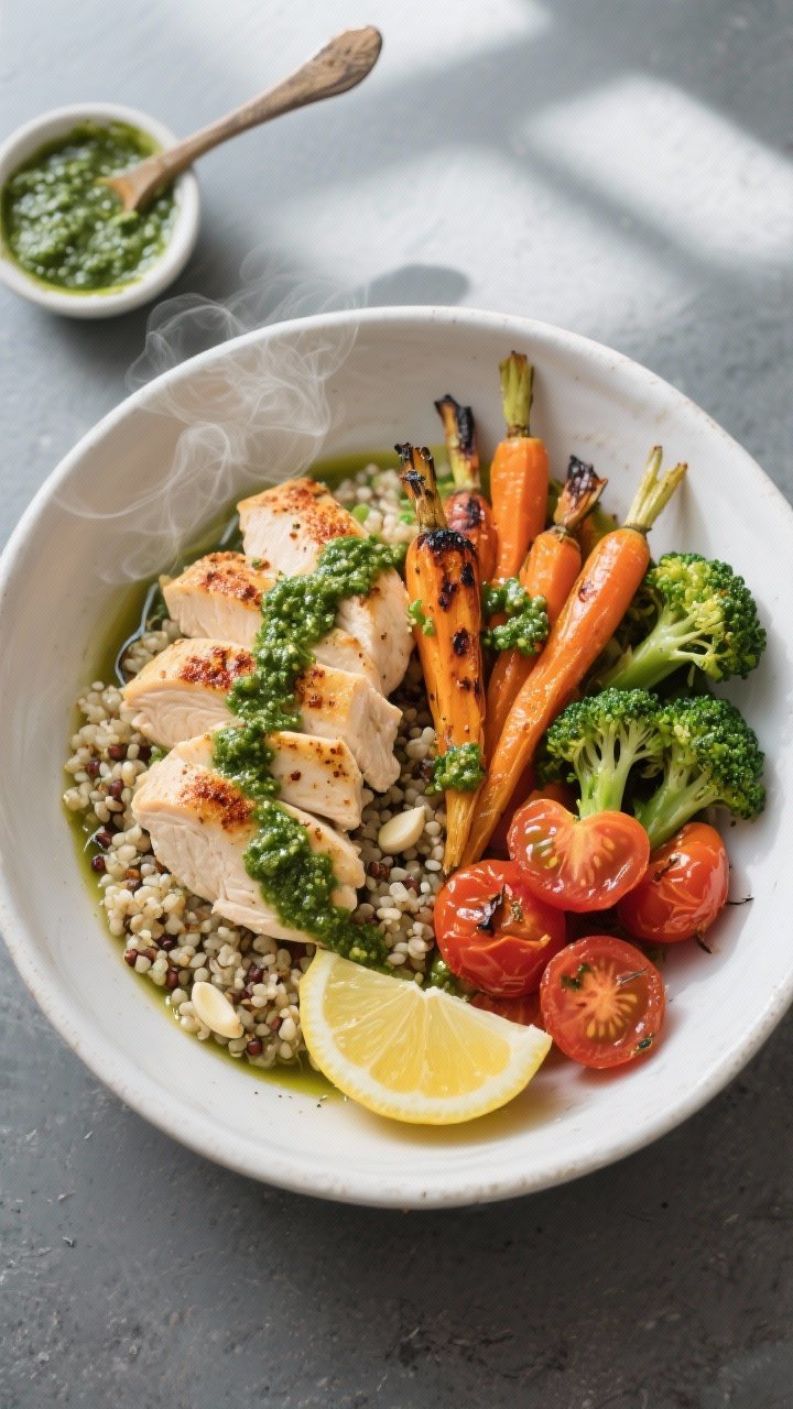 Overhead flat lay of a Power Pesto Chicken Quinoa Bowl: fluffy quinoa cooked in low-sodium chicken broth as the base, topped with bite-size seared chicken breast pieces seasoned with olive oil, garlic powder, and a hint of smoked paprika, drizzled generously with vibrant green pesto; include roasted mixed veggies (golden carrots, charred broccoli florets, and blistered cherry tomatoes) arranged in sections for color contrast. Styled in a wide white ceramic bowl on a matte slate surface, with a small dish of extra pesto, lemon wedge, and a rustic spoon; natural window light, crisp textures, steam subtly rising.