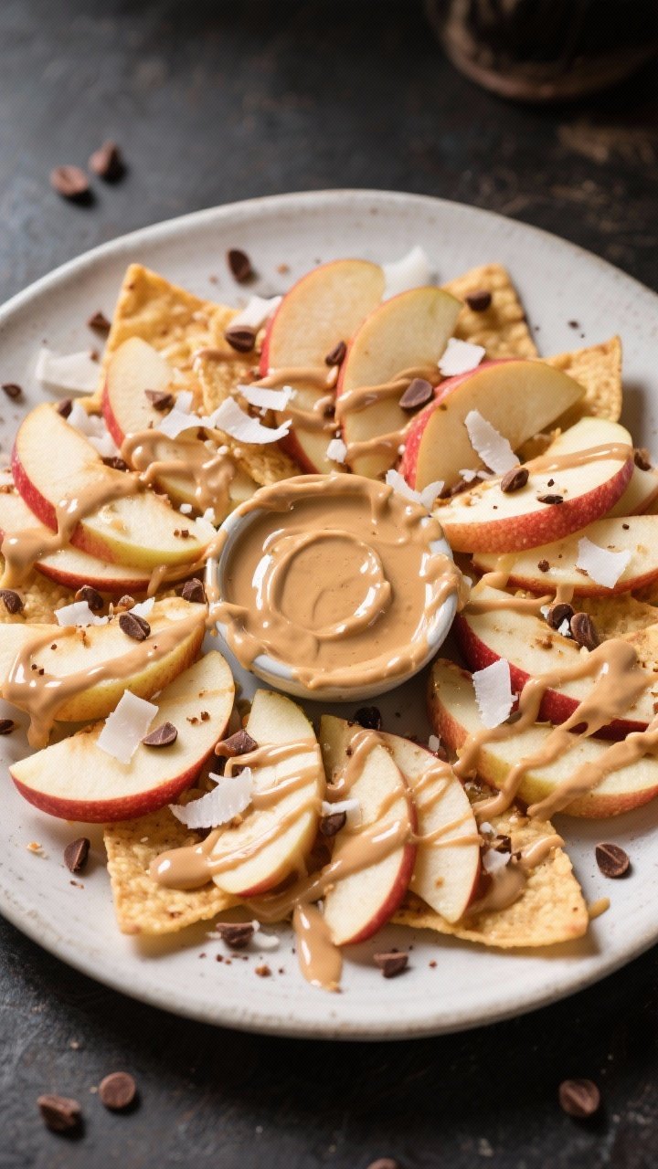 Overhead flat lay of apple nachos: thinly sliced Honeycrisp apple fanned out on a large plate, drizzled with a glossy tahini-honey mixture thinned with warm water, sprinkled with unsweetened coconut flakes and cacao nibs; a small dish of extra tahini sauce and a few stray cacao nibs around the plate; crisp, high-contrast lighting to highlight juicy apple sheen and rich tahini ribbons.