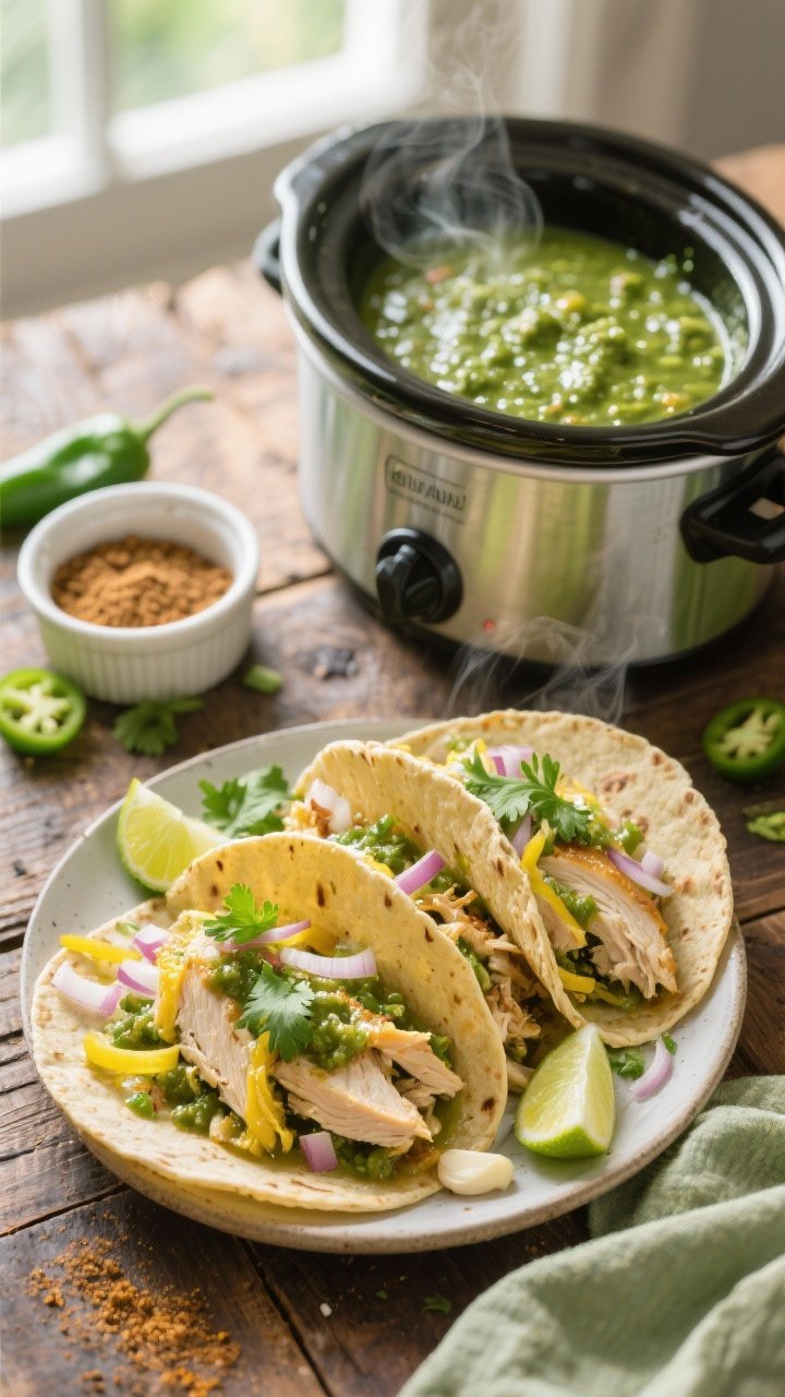 Overhead flat lay of cozy salsa verde chicken tacos on a rustic wooden table: shredded boneless chicken breast simmered in glossy green salsa verde, thinly sliced yellow onions, minced garlic, and a dusting of ground cumin. Warm corn tortillas folded with the juicy chicken, topped with fresh cilantro, lime wedges, and finely diced onion. A small crockpot in frame with extra salsa verde shimmering, a ramekin of cumin, scattered jalapeño slices for color. Bright, fresh, tangy green tones, soft natural window light, no people, pro styling, steam subtly rising.