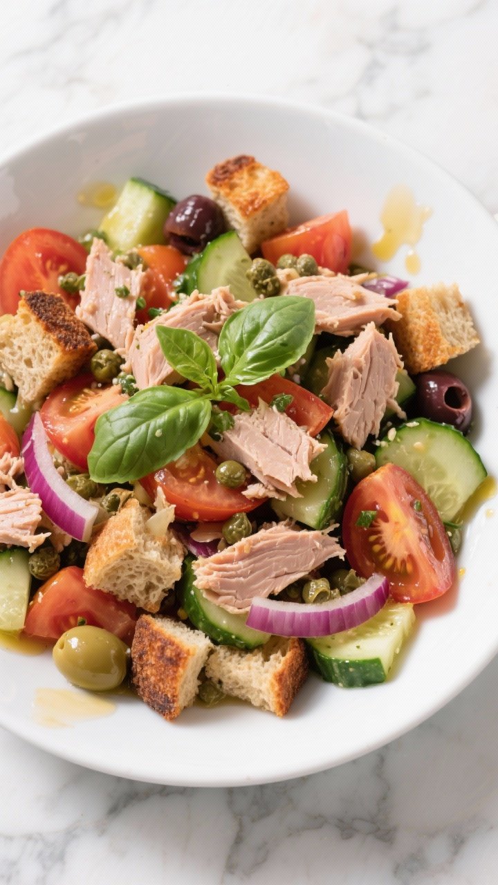 Overhead flat lay of crunchy Tuscan panzanella with tuna: toasted whole-grain bread cubes, chunks of ripe tomato, half-moons of English cucumber, thin red onion, briny capers and olives, flaked tuna, and basil leaves tossed with a zippy vinaigrette. Served in a large white bowl with vinaigrette drips on the rim, bread visibly crisp, tomatoes juicy, on a marble surface.