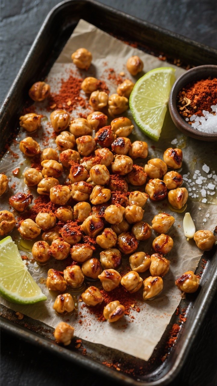 Overhead flat lay of roasted chili-lime chickpeas fresh from the oven: golden, blistered chickpeas on a parchment-lined sheet pan, visibly dusted with chili powder, smoked paprika, ground cumin, and garlic powder, glistening with a light olive oil sheen. Include lime wedges, a small bowl of seasoning blend, and a pinch of flaky salt on a dark metal baking tray for contrast; moody lighting to emphasize crunch and warmth, no people.