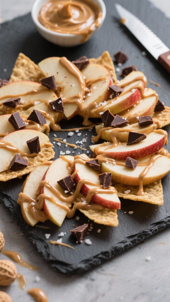 Overhead ingredient-action shot of apple “nachos”: thin Honeycrisp apple slices spread in a loose spiral on a slate board, warm natural peanut butter drizzled in ribbons, scattered chopped dark chocolate, and a final pinch of flaky sea salt sparkling on top; glossy peanut butter sheen and chocolate texture emphasized; minimal props—small bowl of peanut butter and a chef’s knife off to the side for context.