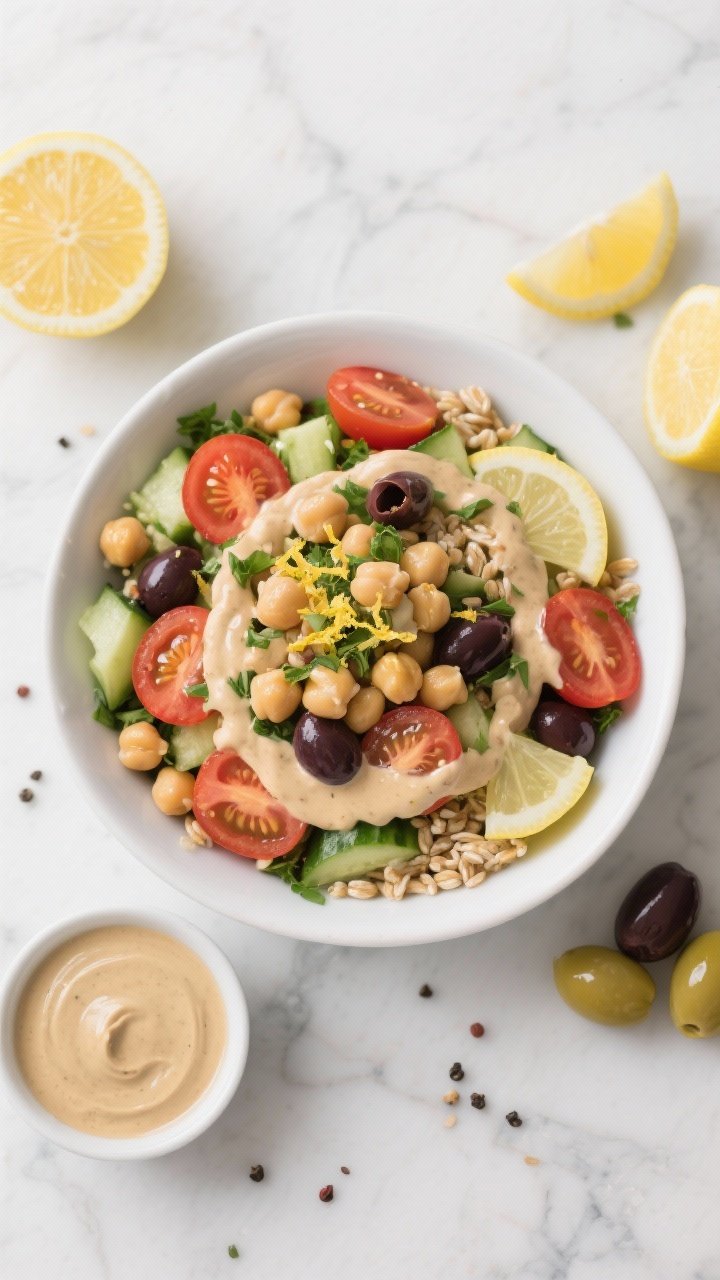 Overhead ingredient-forward bowl of Mediterranean Chickpea Power Salad With Lemon-Tahini Dressing: chickpeas as the star, mixed with cherry tomatoes (halved), diced cucumber, Kalamata olives, chopped herbs; optional cooked farro scattered for extra carbs; drizzled with a creamy lemon-tahini dressing that clings to the ingredients; finished with a sprinkle of cracked pepper and lemon zest; served in a wide white bowl on a marble surface, with small side dishes of tahini, lemon halves, and olive oil for a bright, fresh Mediterranean vibe.