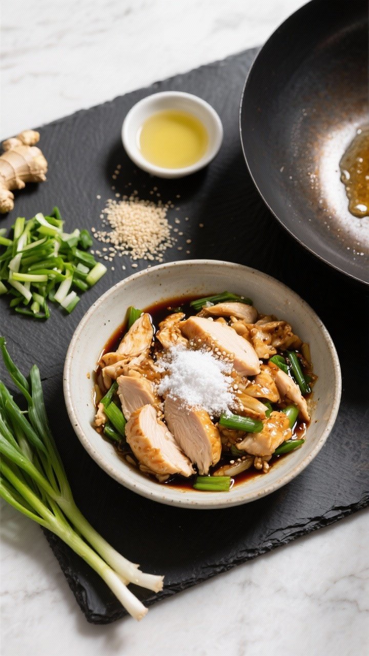 Overhead ingredient-prep flat lay for Ginger-Scallion Chicken Stir-Fry: thinly sliced chicken breast in a bowl tossed with soy sauce, cornstarch, and sesame oil; neat piles of finely julienned fresh ginger and chopped scallions; a small dish of neutral oil. A preheated wok in the corner with a light shimmer of oil. Clean, bright look on a dark slate board to highlight greens and ambers; captures takeout-speed freshness.