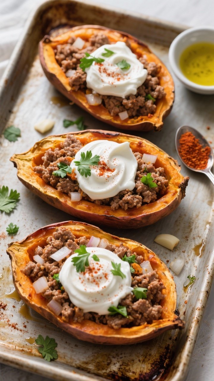 Overhead ingredient-to-final transition: Four roasted sweet potatoes split open and stuffed with spiced lean ground turkey (chili powder, cumin, smoked paprika), sautéed with diced onion and minced garlic. A dollop of tangy Greek yogurt crema swirled on top, sprinkled with chopped cilantro and a dash of smoked paprika. Rustic sheet pan styling with a small bowl of spices, spoon with crema, and a light olive oil sheen visible.