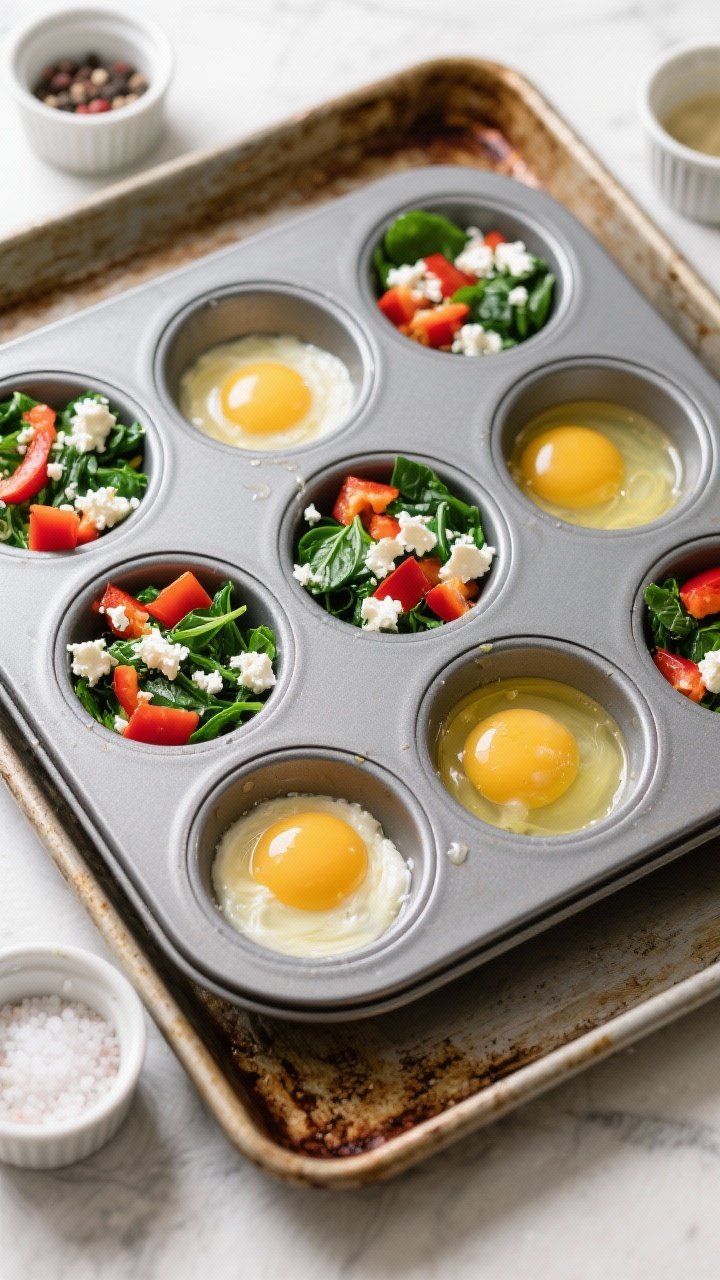 Overhead ingredient-to-oven scene for veggie egg muffin cups: a nonstick muffin tin filled with a colorful mix of chopped spinach, diced bell peppers, and crumbled feta, beaten eggs poured in; extra fillings in small ramekins around the pan, a pinch bowl of salt and pepper nearby; on a sheet pan over a rustic baking tray, pre-bake stage; bright, even lighting to emphasize greens, reds, and creamy cheese.