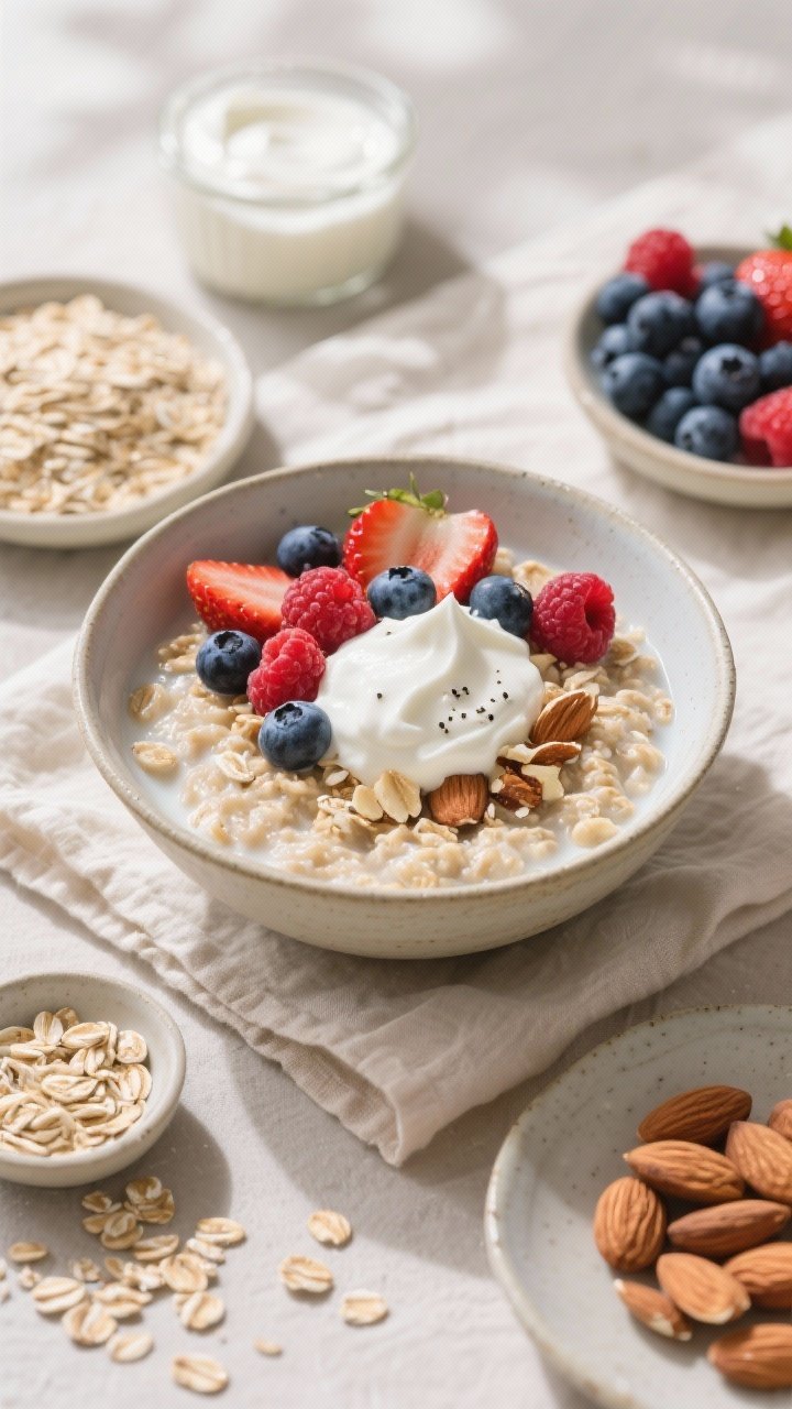 Overhead ingredients-to-final bowl transition for High-Protein Greek Yogurt Berry Oats: a composed scene showing a finished bowl of creamy rolled oats made with milk, vanilla, and a pinch of salt, topped with a generous dollop of plain Greek yogurt, mixed berries (blueberries, strawberries, raspberries), and almond crunch; around the bowl, small dishes hold raw rolled oats, Greek yogurt, fresh berries, and sliced almonds; soft neutral linens, light ceramic, bright berry colors; fresh morning light for a wholesome, energizing feel.