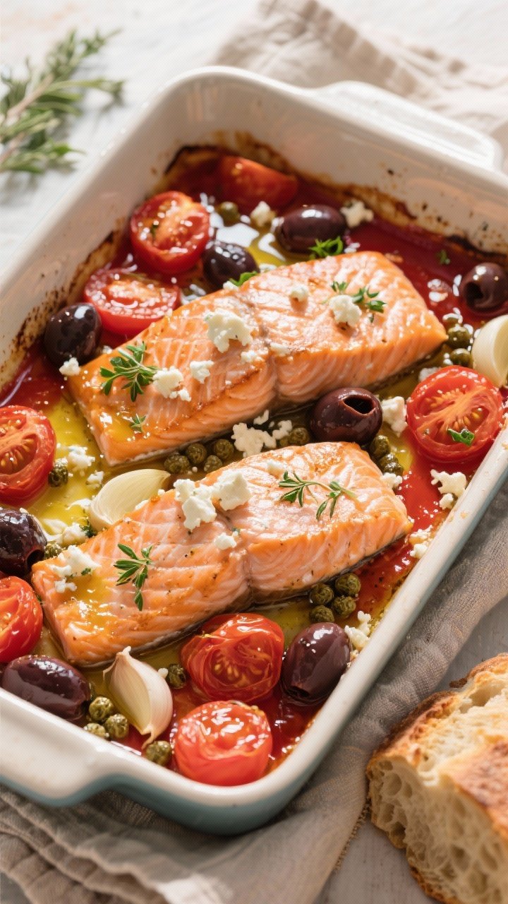 Overhead Mediterranean bake: skin-on salmon fillets nestled in a baking dish with halved cherry tomatoes, pitted kalamata olives, capers, thinly sliced garlic, and extra-virgin olive oil; crumbled feta scattered on top, juices pooling into a glossy, ruby pan sauce; sprinkled fresh oregano and parsley for color; warm, sunlit scene with a linen napkin and a loaf of crusty bread nearby for soaking.